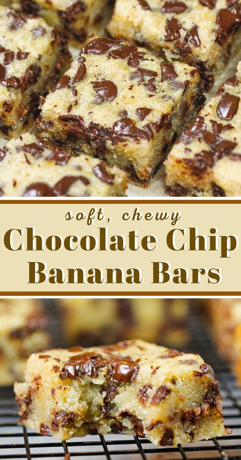 Chocolate Chip Banana Bars, Banana Chocolate Chip Bars, Resep Brownies, Banana Dessert Recipes, Banana Bars, Chocolate Chip Banana, Banana Dessert, Chewy Chocolate Chip, Chocolate Chip Banana Bread