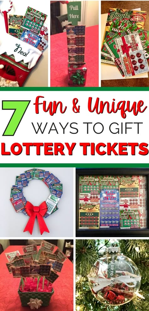 7 Easy DIY lottery ticket gift ideas! Fun and unique ways to gift lottery tickets as gifts this Christmas! #DIYgifts #lotteryticket #homemadegifts #christmasgifts #christmasgiftideas #diygiftideas #diychristmasgifts Ways To Gift Lottery Tickets, Lottery Ticket Gift Ideas Christmas, Gift Lottery Tickets, Lottery Ticket Christmas Gift, Lottery Ticket Tree, Lottery Ticket Gift Ideas, Lottery Ticket Bouquet, Ticket Gift Ideas, Lottery Ticket Gift