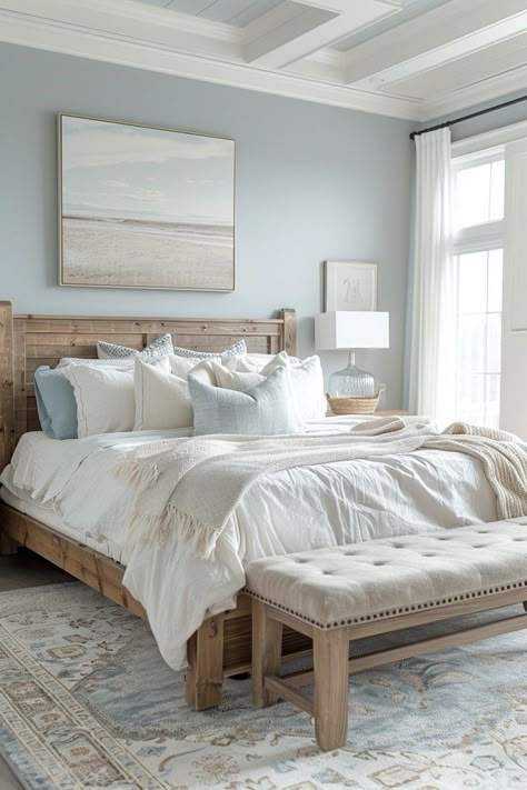 29 Beachy Boho Bedroom Ideas for a Serene Coastal Escape 5 Neutral Color Scheme Bedroom, Most Calming Bedroom Colors, Blue Coastal Bedroom Aesthetic, Bedroom Blue Aesthetic, Tan And Blue Bedroom, Neutral Blue Bedroom, Blue Home Aesthetic, Lakehouse Decor Ideas, Coastal Modern Bedroom