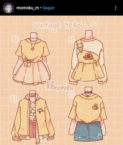 Cute Outfits Sketches, Yellow Inspired Outfits, Chibi Outfits Clothes, Clothes Aesthetic Drawing, Clothes Drawing Outfits, Yellow Drawings, Chibi Dress, Yellow Drawing, Outfit Cartoon