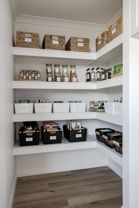 Pantry Organisation, Pantry Inspo, Organised Pantry, Walk In Pantry, Pantry Shelves Open Shelf Kitchen Storage Ideas, Small L Pantry Ideas, Pantry Room Shelves, Garde Manger Walk In, Walkin Pantry Layout, Pantry Walk In, Pantry Shelving Ideas Walk In, Shelving In Pantry, Walk In Pantry Storage