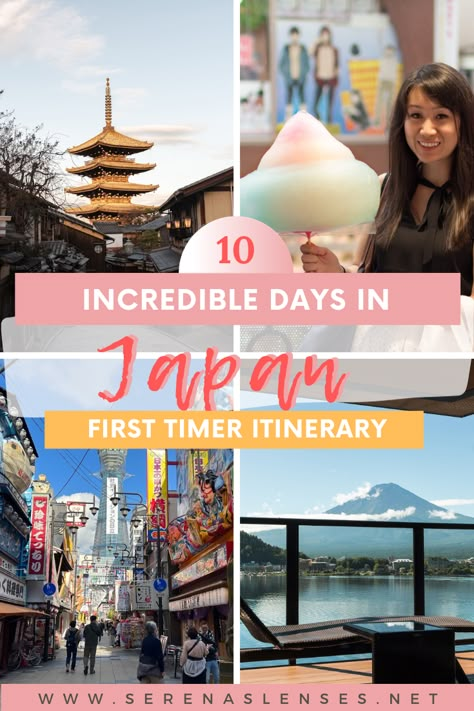 Pinterest Pin: 10 incredible days in Japan - a first timer itinerary including 4 photos of japan: top left is a photo of the Yasaka Pagoda in Kyoto; top right is a girl holding a giant cotton candy in Harajuku in Tokyo; bottom left is a photo of Osaka; bottom right is a photo of a hotel with view of Mt. Fuji in Japan. 10 Days Japan Itinerary, 9 Days In Japan, Travelling In Japan, Japan Travel Itinerary 10 Days, 10 Days In Japan Itinerary, Must See In Japan, 10 Day Japan Itinerary, 10 Day Itinerary Japan, Japan 10 Day Itinerary