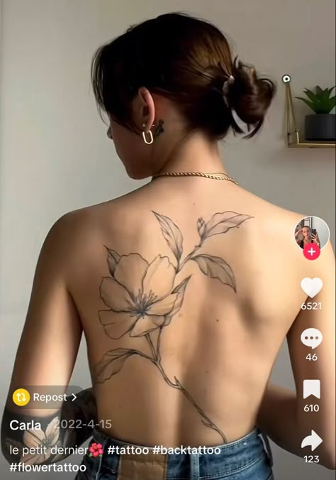 Minimalist Tattoo Of Hands, Tattoos That Arent Flowers, Flower Vine Back Tattoo, Woman Full Back Tattoo, Back Tattoos Floral, Leaf Tattoo Back, Long Back Tattoo, Folk Tattoo Indie, Woman’s Back Tattoo