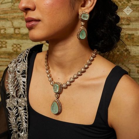 In the heart of each jewel from C. Krishniah Chetty & Co. by Ganesh Narayan Cotha lies a story of artistry and elegance, meticulously crafted to adorn the grace of every woman who wears them. Seen here is our Victorian-inspired Jadau Necklace and Drops adorned with emeralds and diamonds. WhatsApp 9964641869 for enquiries.. 📍Visit our Flagship Showroom,near Safina Plaza now. Look for the DIAMOND logo! Featuring: @out0fsequins Carpet: @jaipurrugs Makeup Artist: @make.upartistrybymeghana Ha... Jadau Necklace, Cz Jewellery, Bridal Necklace Designs, Victorian Pendants, 20k Followers, Diamond Logo, Polki Necklace, Polki Jewellery, Indian Jewellery Design