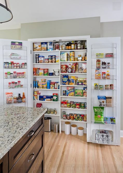 IN BETWEEN STUDS!  Though shallow perfect for that empty wall and saves rooting through rows of staples. Shallow Pantry, Narrow Pantry, No Pantry Solutions, Kitchen Pantry Doors, Built In Pantry, Organized Pantry, Pantry Wall, Pantry Shelving, Small Pantry