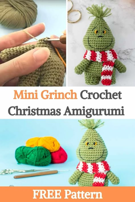 Start preparing for Christmas with this crochet ornament! Mini Grinch amigurumi free pattern! You can put it around your home as part of your Christmas decorations for this year, or give it to that "Grinch/grumpy" person who is not very holiday this season to bring him/her some Christmas joy. This is a two-part video tutorial, one for the body and the other one for the last details like the face and the little scarf, we'll leave both down below. You can also find the complete free pattern at... Christmas Amigurumi Free Pattern, Crochet Christmas Amigurumi, Grinch Crochet, Grinch Baby, Preparing For Christmas, Holiday Crochet Patterns, Crochet Christmas Ornaments Free, Christmas Amigurumi, Crochet Ornament Patterns