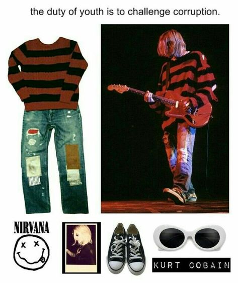 Kurt Cobain Outfit, Skateboard Style, Styl Grunge, Nirvana Kurt Cobain, Nirvana Kurt, Look Retro, Outfit 90s, Grunge Look, Poster Minimalist