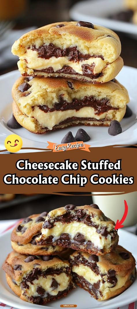 Indulge in the ultimate dessert treat with Cheesecake Stuffed Chocolate Chip Cookies. Each cookie is a mini adventure with a heart of creamy cheesecake enveloped in a soft chocolate chip shell. #StuffedCookies #CheesecakeLove #ChocolateChip Cheesecake Filled Chocolate Chip Cookies, Chocolate Chip Cookies Cheesecake, Deep Dish Cookie Cake, Cream Cheese Stuffed Chocolate Cookies, Cheesecake Stuffed Cookies Recipes, Resees Cup Cookie, Cheesecake Stuffed Chocolate Chip Cookies, New Cookies Ideas, Cheesecake Stuffed Chocolate Chip Cookie