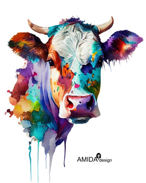 Colorful portrait of cow - watercolor painting Colorful Cow Painting, Drawing Stances, Cow Painting Colorful, Cow Watercolor, Farm Animal Paintings, Cow Artwork, Watercolor Painting For Beginners, Art Funky, Vibrant Watercolor