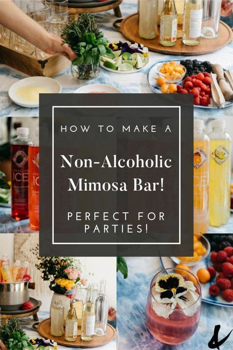 Set up a Non-Alcoholic Mimosa bar for your next party! These easy drink ideas are great for kids and make it fun to DIY their mocktail! AD #mocktail #mocktailbar #SparklingIceFun Non Alcoholic Party Ideas, Mocktail Bar Setup Ideas, Mock Mimosa Bar Ideas, Brunch Mocktail Non Alcoholic, Easy Bar Set Up For Party, Momosa Mimosa Bar Virgin, Faux Mimosa Bar, Creative Mocktails Presentation, Mimosa Bar At Home