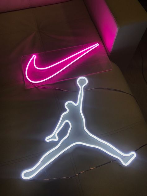 Neon sign for home and bedroom Neon Sign Ideas Bedroom, Nike Room Decor, Led Light Signs Bedroom, Nike Bedroom, Led Signs Bedroom, Led Lights Bedroom Ideas Decoration, Lid Lights, Neon Room Decor, Neon Sign Ideas