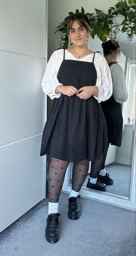 Outfits With Cute Socks, Alt Clothes Plus Size, Alt Fashion Outfits Plus Size, Alternative Business Casual Midsize, Black Dress Grunge Aesthetic, T Shirt Over Dress Outfits Plus Size, Plus Women Outfits, Black Dress With White Long Sleeve Shirt Underneath, Plus Size Outfits Feminine