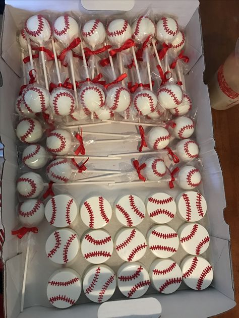 Cake Pops Baseball Theme, Baseball Treats For Birthday, Baseball Oreo Cookies, Cake Pops Baseball, Baseball Mvp Award Ideas, Rookie Of The Year First Birthday Treats, Rookie Year Birthday Cookies, Rookie Of The Year Desserts, Baseball Birthday Treats