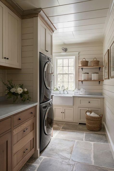 Mudroom Remodel, Rustic Laundry Rooms, Tan Walls, Building A Cabin, Laundry Room Layouts, Laundry Room Renovation, Brown Decor, Laundry Room Ideas, Farmhouse Laundry Room