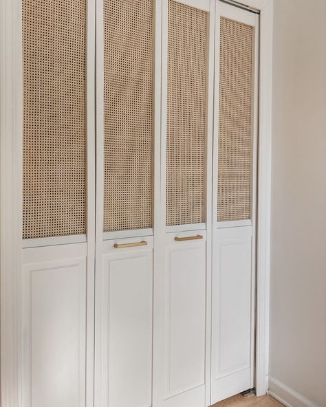 Rattan cane webbing white bedroom bi-fold closet doors minimalist boho Scandinavian scandi style Ideas De Closets, Custom Closet Doors, Diy Closet Doors, Bedroom Closet Doors, Closet Door Makeover, Wood Organization, Bifold Closet Doors, White Closet, Tiny Closet