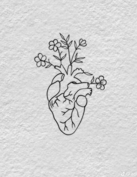 Flower Heads Drawing, Anatomical Heart Tattoo Placement, Human Heart Flower Tattoo, Single Line Drawing Tattoo, Intense Tattoo Ideas, Cute Italian Tattoos, Actual Heart Tattoo, Human Heart Tattoo Designs, Real Heart Tattoo Designs