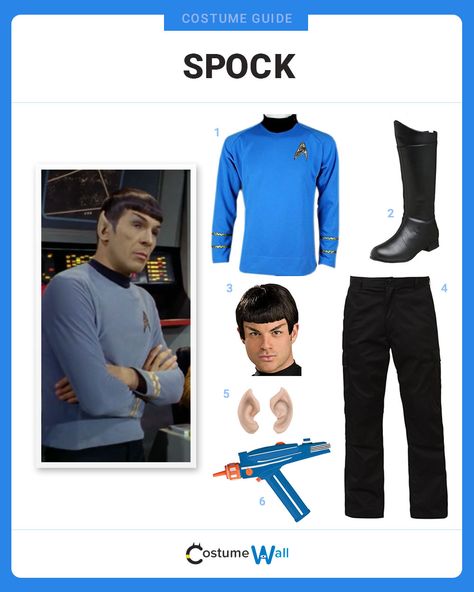 Costume BreakdownaThe best costume guide for dressing up like Spock, the first officer played by Leonard Nimoy in the original Star Trek television series. Easy Star Trek Costume, Spock Costume, Science Halloween, Costume Wall, 2023 Friends, Disfraces Ideas, Star Trek Costume, Got Costumes, Themed Halloween Costumes