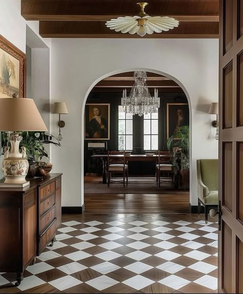 Checkered Flooring, White Tile Floor, Casa Vintage, Black And White Tiles, Pierre Jeanneret, Checkerboard Pattern, Dream House Interior, July 17, Floor Patterns