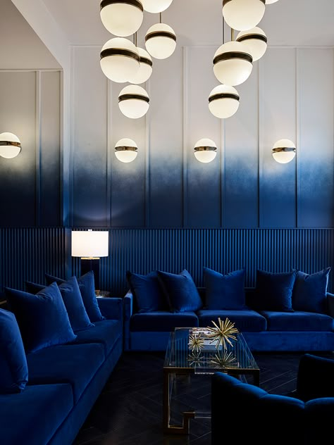 Luxe Furniture, Blue Interior Design, Pantone 2020, Pantone Colour Of The Year, Ombre Wall, Lobby Interior, Private Dining Room, Modern Restaurant, Blue Rooms