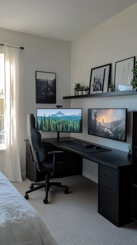 The Ultimate Gaming Room Ideas for Boys: A Visual Journey of Unique Setups - Remodr Game Boy Bedroom, Gaming Desk Bedroom, Modern Gaming Office, Gaming Set Up Aesthetic Black, Classy Video Game Room, Study Gaming Room, Gaming Set Up In Living Room, Mens Gaming Setup, Ikea Game Room