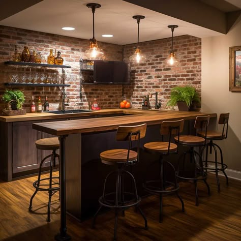 At Home Bar Inspiration, Rustic Modern Bar Ideas, Bar Themed Basement, Small Basement Bar Ideas Rustic, At Home Basement Bar, English Pub Basement Bar, Small Basement Bar Ideas Diy, Cozy Basement Bar, Rustic Bar Basement