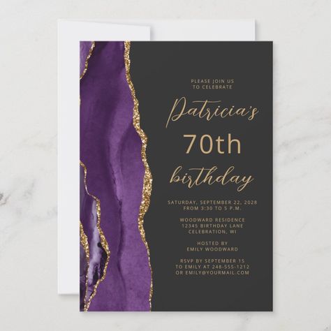 Purple Gold Agate Slate Script 70th Birthday Invitation  Zazzle Purple Birthday Party Decorations, Modern Birthday Party, Purple Birthday Party, 60th Birthday Party Invitations, 60th Birthday Decorations, 70th Birthday Invitations, 60th Birthday Invitations, Gold Party Decorations, 90's Birthday Party