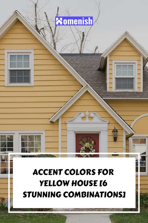 While yellow may not be the first color that people consider for their home’s exterior, it is in fact a warm and cheery hue that goes very well with many other color schemes. When you have a yellow house, there are tons of accent color palettes to pair with it. Yellow House Trim Color Ideas, Yellow Tan House Exterior, Roof Colors For Yellow House, Yellow Home Exterior Paint Schemes, Door Colors For A Yellow House, Dark Yellow House Exterior, Yellow House Door Color, Yellow House Roof Color, Yellow House Front Door Color Ideas