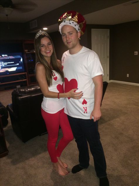 King and Queen of Hearts Costume King And Queen Of Hearts Costume Couple, Crown And Coke Halloween Costume, Queen And King Of Hearts Costume, King And Queen Halloween Costumes, Queen Of Hearts Couple Costume, King And Queen Of Hearts Costume, Queen Of Hearts Costume Ideas, King Of Hearts Costume, King And Queen Costume