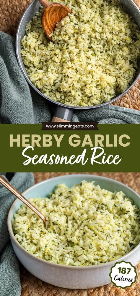 This Herby Garlic Seasoned Rice, infused with fragrant coriander and parsley, contributes a deliciously light and fluffy element to your meal. Quick to prepare in under 30 minutes, it serves as the ideal accompaniment to a variety of main courses, enhancing their flavours with its aromatic profile. Healthiest Diet, Healthy Rice Recipes, Rice Side Dish Recipes, Seasoned Rice Recipes, Garlic Rice, Savory Rice, Healthy Rice, Rice Side, Rice Side Dishes