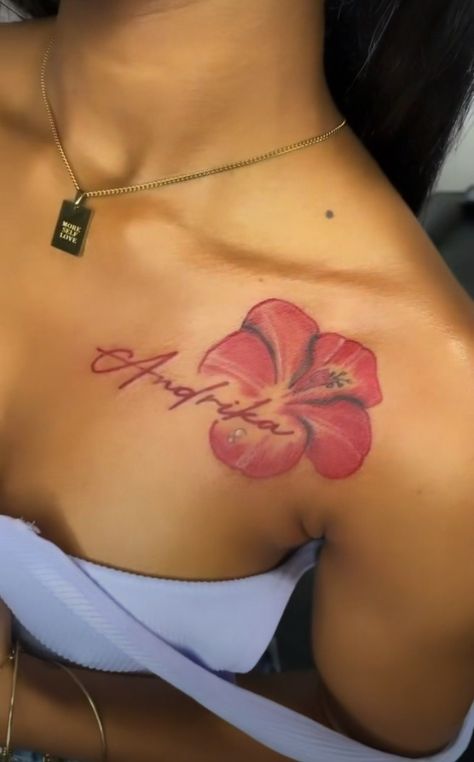 Medium Neck Tattoos For Women, Shoulder Tattoos Women Unique, Hibiscus Flower Tattoos Black Women, Tattoo Ideas Female Chest For Women, Medium Cute Tattoos, Hibiscus Hand Tattoo, Chest Henna Tattoo, Collar Bone Tattoo Cover Up, Baddie Tats Hip