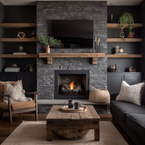 Custom Reclaimed Wood Beam Fireplace Mantels With Matching Shelves 705 - Etsy Family Living Room Wall Decor, Beside Fireplace Wall Decor, Grey Wood Fireplace, Buildout Fireplace, Dark Stained Mantle, Full Wall Stone Fireplace, Fire Place Shelves, Non Combustible Fireplace Surround, Family Living Room Inspiration