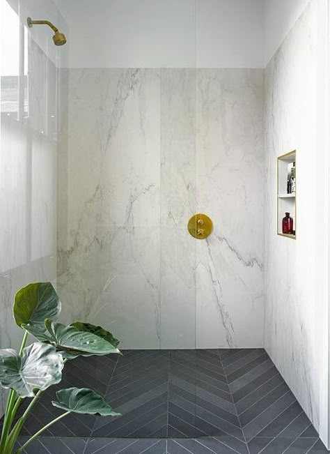 Look of large slab porcelain that's less expensive? Slate Shower Tile, Herringbone Shower Floor, Large Tile Bathroom, Herringbone Shower, Large Shower Tile, Grey Bathroom Floor, Slate Shower, Dark Gray Bathroom, Marble Walls