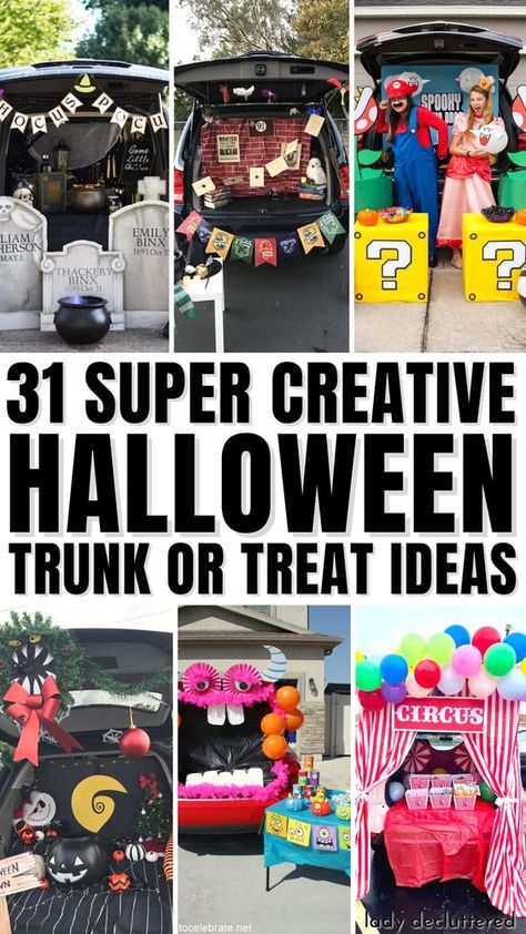 Getting ready for a Trunk or Treat event can be both fun and challenging. You want to decorate your car’s trunk in a way that is creative and unique but doesn’t require too much time, effort, or money. Thankfully, there are plenty of easy trunk or treat decorating ideas that can help you create a spooky and festive atmosphere. - Lady Decluttered | Halloween Trunk or Treat Theme Ideas Easy Trunk Or Treat Decorations, Car Decorations For Trunk Or Treat, Trunk Or Treat Halloween Ideas, Trunk Or Treat Decor Ideas, Decorate Trunk For Halloween, Trunk Or Treat For Minivan, Table Trunk Or Treat Ideas, Trunk Or Treat Halloween Theme, Decorated Trunks For Halloween