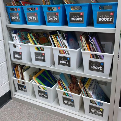 Small Classroom Library Ideas, School Library Organization, Things In The Classroom, Library Book Labels, Small Classroom, Classroom Library Labels, Preschool Library, Classroom Library Organization, Book Bin