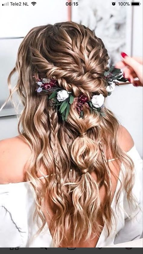 Bride Hairstyles Fall Wedding, Flower Crown Braid Half Up Half Down, Bridal Bohemian Hair, Fall Wedding Bridal Hairstyles, Wedding Hairstyles For Long Hair Boho, Bridal Hair Half Up Viking, Floral Headdress Wedding, Boho Long Wedding Hair, Bridal Hair Fall Wedding