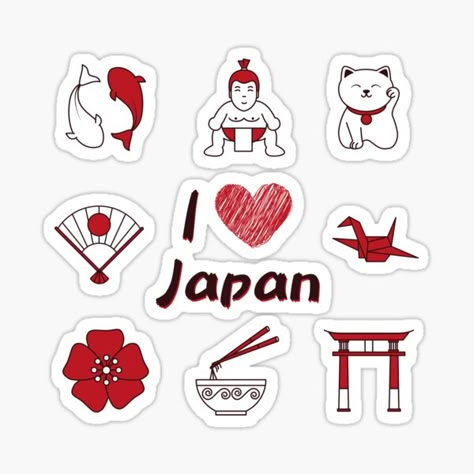 Show all your love for Japan with this mix of the best Japanese symbols. Koi carps, sumo wrestlers, Maneki Neko, Origami, Torii, Sakura flowers and even noodles, all in red color. We never get enough of Japan. • Millions of unique designs by independent artists. Find your thing. Japan Cake, Kdrama Journal, Japan Theme, Japanese Symbols, Japan Stickers, Stickers To Print, Sakura Flowers, Japanese Symbol, Cupcake Toppers Printable