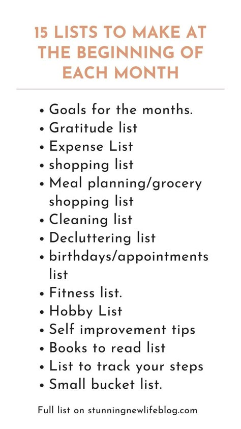 15 Lists To make at the beginning of the month | Writing lists | Time management | Organization planning | Life management | Planner tips | Organizing time | Getting things done | How to be more organized | Monthly organizing list | Organize your life by creating these 15 lists at the start of the month. #organization #liststowrite #liststomake #mothly #list Personal Life Binder Ideas, Not To Do List Ideas, Lists To Get Your Life Together, Types Of Lists To Make, Week Planning Ideas, Life Planning Template, What To Put In Your Planner, How To Organize Planner, Planning The Year