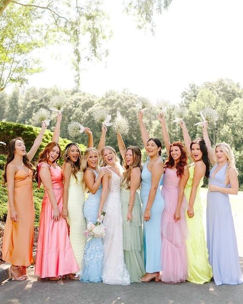 Spring Wedding Bridesmaids Dresses Different Colors, Colorful Wedding Bridesmaids Dress Ideas, Colorful Spring Wedding Bridesmaids, Spring Wedding Colors Bridesmaid Dress, Pastel Rainbow Bridesmaid Dresses, Mix Match Bridesmaid Dresses Spring, Pastel Wedding Bridesmaids Dresses, Wild Flower Wedding Theme Bridesmaid, Spring Mismatched Bridesmaid Dresses