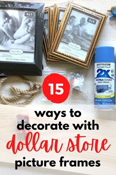 Decorate on a budget with these easy and cheap dollar store picture frame makeovers. Quick and cheap home decor ideas for your living room, kitchen, bedroom and bathroom. How to decorate on a dime with dollar tree picture frames. Decorate With Frames, Dollar Store Frames Makeover, Diy Picture Frame Collage Ideas, Decorating Frames Ideas, Dollar Tree Picture Frame Centerpieces, Dollar Tree Frames Wall Art, Senior Picture Frame Ideas, Fall Picture Frame Crafts, Decorating A Picture Frame