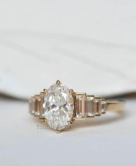 Oval Engagement Ring With Tapered Baguette Side Stones, Oval Baguette Engagement Ring, Oval Art Deco Engagement Ring, Accent Engagement Ring, Wedding Anniversary Ring, Ring Inspo, Cute Engagement Rings, Future Engagement Rings, Baguette Diamond Rings