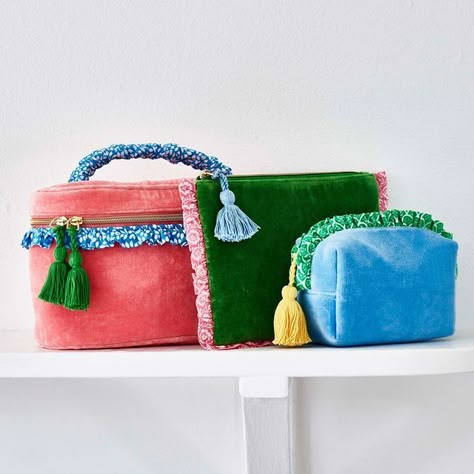 Oliver Bonas on Instagram: "Add colour to your cosmetics with make-up bags in frilled trims and tassel details Shop link in bio: Lila Pink Frill Vanity Case 1648461, Lila Green Frill Travel Pouch 1648386, Lila Blue Frill Makeup Bag 1648379" Velvet Makeup Bag, Make Up Pouches, Makeup Bag Design, Makeup Bag Diy, Vanity Pouch, Sewing Makeup Bag, Beauty Pouch, Makeup Pouches, Diy Makeup Bag