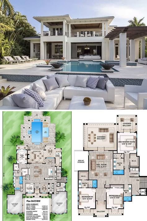 The luxurious house features a stylish outdoor living space set on the side of the swimming pool area. Find it in this 2 story southern Florida house plan with 4 bedrooms and 4.5+ bathrooms. See more of the modern and classy interior design of this tropical style home. View the full floor plan and get the blueprint at: https://www.architecturaldesigns.com/house-plans/spacious-tropical-house-plan-86051bw?cjevent=e24557a7830a11ea827804350a180511  #blueprint #floorplan #2story Florida House Plans, Private Resort, Modern House Floor Plans, Pool House Plans, Mansion Floor Plan, House Plans Mansion, Modern Style House Plans, House Construction Plan, Model House Plan