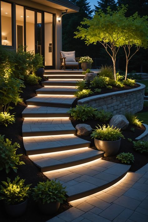 Outdoor Steps Lighting Ideas, Outdoor Front Yard Lighting Ideas, Outdoor Steps Design, Home Exterior Lighting Ideas, Modern House Lighting Outdoor, Paved Garden Ideas Backyard Designs, Floating Steps Outdoor, Step House Design, Lighting In Garden