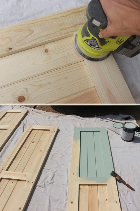 2-step instructions on how to properly sand wooden shutters before painting them. Craftsman Shutters, Shutters Repurposed Decor, Window Shutters Exterior, Farmhouse Shutters, Diy Exterior, Outdoor Shutters, Rustic Shutters, Cedar Shutters, Shutter Designs