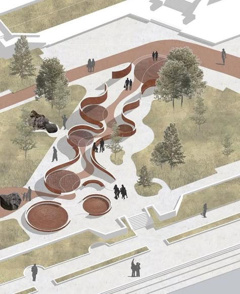 Landscape Architecture Illustrative Plan, Public Courtyard Design Architecture, Urban Design Park, Environmental Design Architecture, Garden Pavilion Architecture, Park Ideas Design, Park Architecture Design, Urbanism Plan, Landscape Architecture Concept