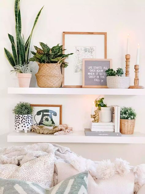 22 Plant Shelf Ideas That Are Perfectly Styled Living Room Shelf Decor, Room Shelf Decor, Reka Bentuk Bilik Tidur, Living Room Shelf, Shelf Decor Bedroom, Shelf Decor Living Room, Shelves Ideas, Hiasan Bilik Tidur, Room Shelf