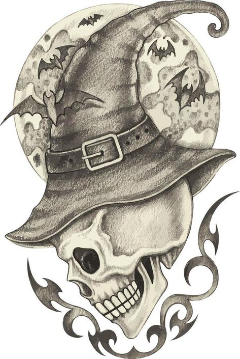 Art fantasy witch skull halloween day. Hand drawing and make graphic vector. Skull Tattoo Hand, Halloween Things To Draw, Hand Pencil Drawing, Skull Coloring, Tattoo Halloween, Gothic Drawings, Badass Drawings, Witch Drawing, Art Witch