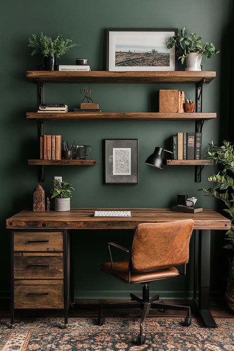 45 Tiny Home Office Ideas - TastyInteriors Men Office Room Ideas, Men's Home Office Design, Home Office Ideas Green Walls, Dark Office Inspiration, Small Office Masculine, Small Industrial Office Design, Dark Green Office Paint Colors, Black Green Office, Dark Green And Wood Office