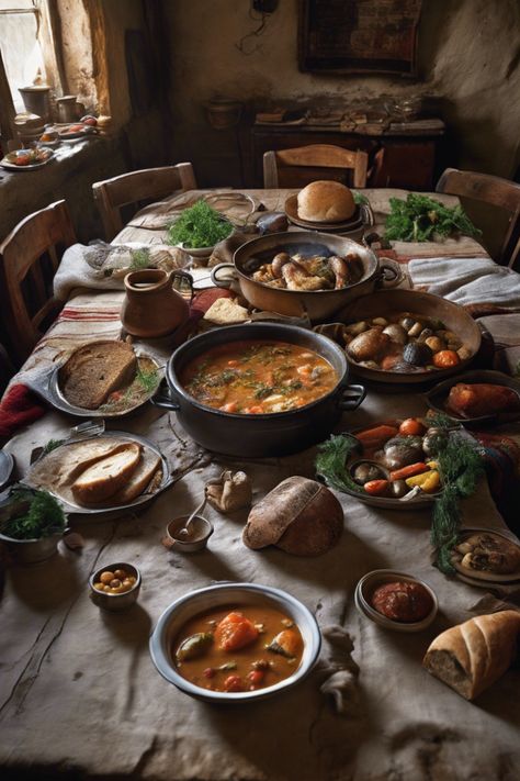 A rustic table set with various bowls of hearty soup, bread, and vegetables in a cozy kitchen. Cozy Home Cooked Meals, Swedish Comfort Food, Cozy Family Dinner Aesthetic, Cozy Romantic Aesthetic, Cozy Soup Aesthetic, Fall Meals For Two, Cozy Autumn Kitchen, Simple Fall Meals, Autumn Food Aethstetic