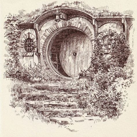 Architecture Fantasy Art, Ink Drawing Techniques, Hobbit Home, Hobbit Art, Tolkien Art, Lotr Art, Classic Characters, Pen Drawings, Charcoal Art